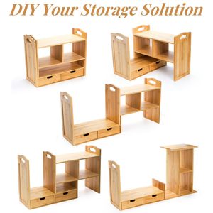 Wooden <b>Desktop</b> Storage Rack 3 Tier With Compartments For Office Organizing Books And Stationery Natural Wood Color - Product Image 4