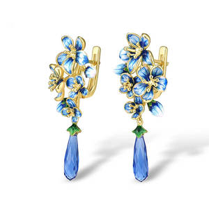 Pendientes Colgantes de Flor Azul E2220, Chapados en Oro, Aleación de Zinc, Joyería de Fiesta para Mujer, Estilo Romántico, Engaste de Bisel, Gema Azul - Product Image 1