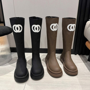 Bottes longues pour femme, style décontracté, couleur unie, talon épais moyen, fermeture éclair arrière, semelle épaisse, antidérapantes, respirantes, pour l'automne - Product Image 1