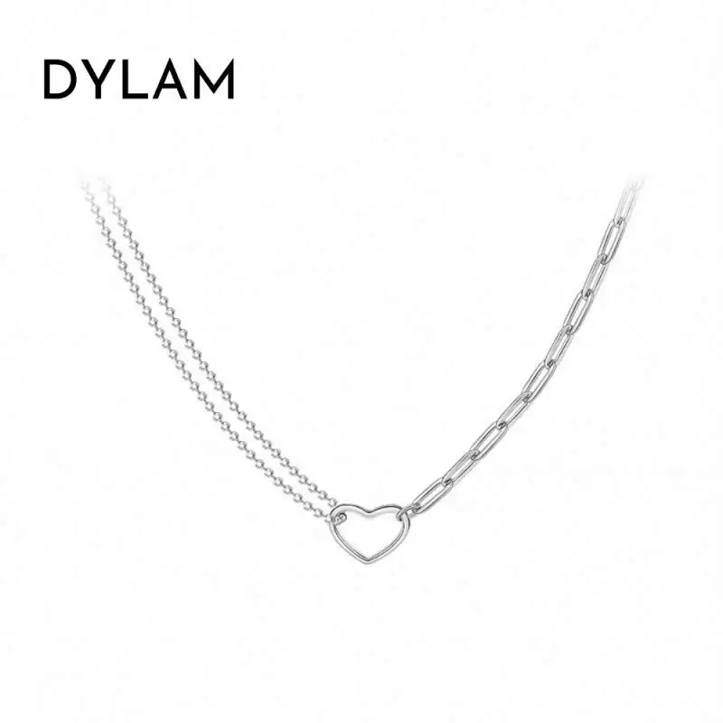 Dylam Ins Hot Sale Adjustable Size Paperclip Bead Link Hollow Dangle Necklace Half Half Chain Silver Heart Pendant Necklace