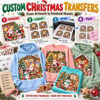 Feuilles de transfert thermique DTF personnalisées pour Noël, motif Père Noël escaladant un village de bonhommes de neige, prêtes à presser pour vêtements textiles