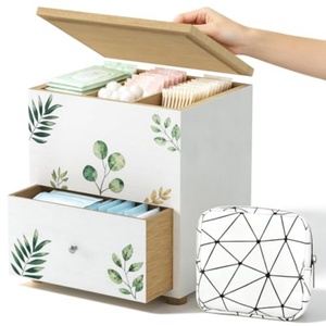 Porte-tampons élégant en bois pour salle de bain avec couvercle et tiroir - Product Image 1