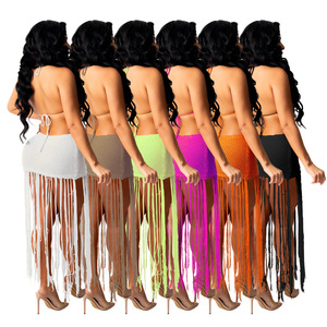 Vacanza al mare traforato uncinetto nuovo <span class=keywords><strong>abbigliamento</strong></span> da donna in tinta unita in maglia Sexy Top abito da spiaggia con nappe - Product Image 5