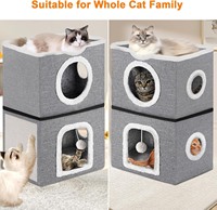 Lit pour chat en velours Oxford uni d'intérieur, type grotte, design à 2 étages, avec tapis à gratter amovible et lavable, et boule moelleuse, cube pour chat
