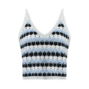 Pulls pour femmes brodés à la main en nylon/coton personnalisés tricotés bleu marine avec caraco bleu ciel et blanc