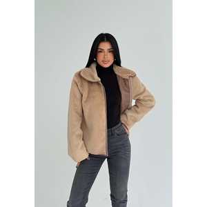 Manteau long beige en fourrure avec fermeture éclair, coupe ajustée, réversible, motif rayé imprimé, en laine teinte avec rembourrage en coton, en fourrure de renard fine - Product Image 4