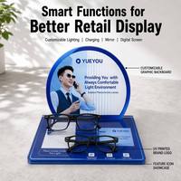 Présentoir de Comptoir Photochromique Circulaire en Acrylique Bleu Brillant pour Lunettes, Fond Personnalisé Imprimé, 2 Positions pour Lunettes Yueyou