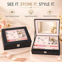 Boîte à bijoux personnalisée ovale de grande capacité à 2 niveaux en cuir PU avec miroir, couvercle transparent, organisateur pour bagues, boucles d'oreilles, colliers, bracelets