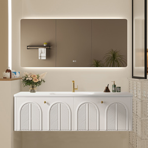 Meuble-lavabo de salle de bain moderne avec vasque simple et armoire miroir LED, meuble-lavabo blanc gain de place avec rangement en bois de chêne - Product Image 1