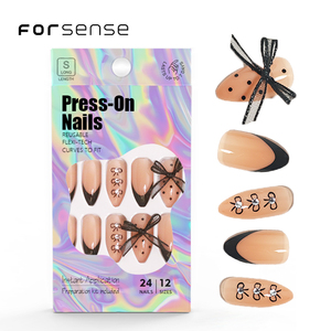 <span class=keywords><strong>Unghie</strong></span> Finte Artigianali Press-On con Fiocco, All'ingrosso, Punta Francese Nera, Forma a <span class=keywords><strong>Mandorla</strong></span> Corta, Copertura Completa, Design Personalizzato con Diamanti, per Dita - Product Image 1