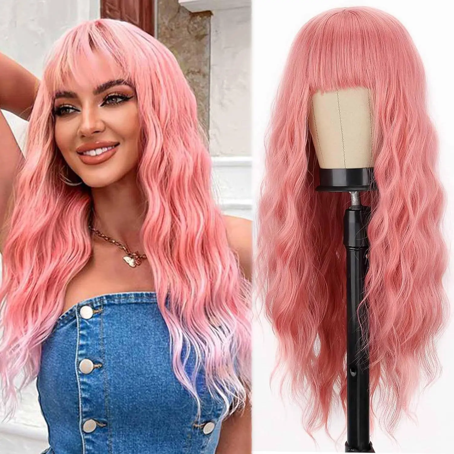 Peluca de cabello humano rosa con flequillo suave largo ondulado para mujer, peluca de pelo vietnamita crudo rizado, disfraces, pelucas de fiesta de Cosplay