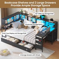Cadre de lit moderne noir à plateforme en métal de taille double avec station de charge et bibliothèque de rangement pour bureau à domicile ou salle de bain