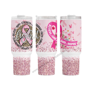 Personalizado Concientización sobre el cáncer <span class=keywords><strong>de</strong></span> mama que usamos Rosa sobrevivientes <span class=keywords><strong>fe</strong></span> sobre el miedo sublimación 40oz vaso con asa - Product Image 2