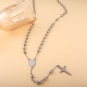 Collar de Cruz de la <span class=keywords><strong>Virgen</strong></span> María en Acero Inoxidable, Collar de Cadena con Cuentas de Buda de 6mm en Acero Inoxidable para Hombre y Mujer - Product Image 2