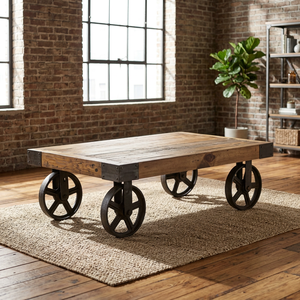 Table Basse Chariot Industrielle & Vintage Antique Réglable en Métal et Bois de Mangue avec Roues – Utilisation Intérieure/Extérieure pour Salon, Villa, Maison - Product Image 2