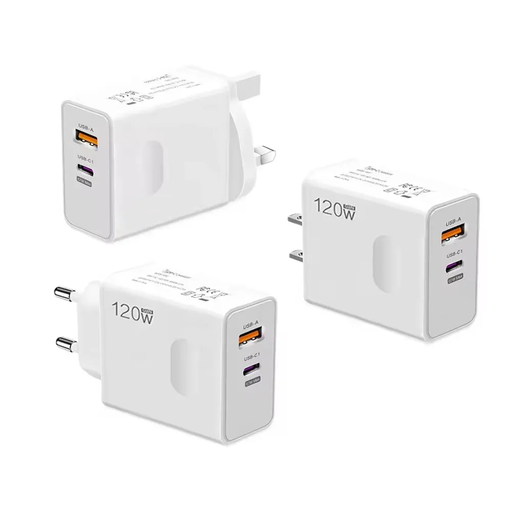 Charger Dinding cepat QC 120W, pengisi daya ponsel portabel, colokan US UK EU, Charger cepat, USB + PD, pengisi daya dinding cepat, colokan Block 2 port, 5.0 W