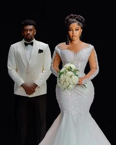 <span class=keywords><strong>Vestido</strong></span> de novia de sirena Africana Aso Ebi de talla grande personalizado, vestidos de novia para novia, ilusión, cuello en V, manga larga - Product Image 3