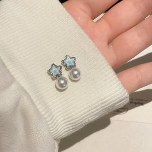 S925 Pure Silver <b>Light</b> Luxury <b>Star</b> Pearl Earrings for Women High-End Niche Design Fashionable Blue Color - Product Image 4