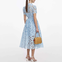 Elegante Vestido de Verano para Mujer, Cintura Natural, Cuello Camisero, Manga Corta, Cinturón, Encaje, Cierre de un Solo Botón, Estilo Crochet