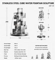 Fontaine d'eau sculpturale géométrique en acier inoxydable brossé moderne BSA avec cubes empilables et éclairage LED pour aménagement paysager de villa