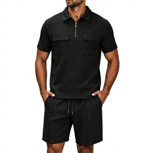 OEM Men's Casual Polo Shirt Shorts 2 Piece Set 1/4 <b>Zip</b> Neck Summer Solid Color Breathable Chest Pocket Customizable Logo - Product Image 4