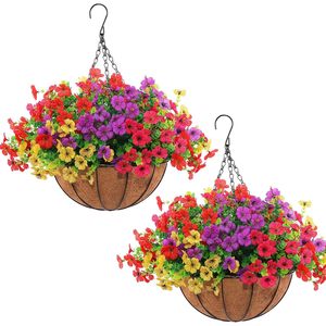 Hananona 2 Set 24 Pcs Spring Summer Outdoor <b>Artificial</b> <b>Flowers</b> <b>Hanging</b> <b>Basket</b> Front <b>Hanging</b> Planters Red/Purple/Yellow/Rose Red - Product Image 5