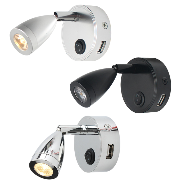 Modern 2W LED RV Reading Light 12V 24V with USB Port Bedside Wall Lamp for Yacht Boat Bedroom Interior Decoration