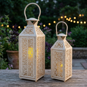 <b>Set</b> of 2 Vintage White Iron Candle <b>Lanterns</b> Table & Hanging Decor Portable Home Decor for Garden Living Room Parties Weddings - Product Image 4