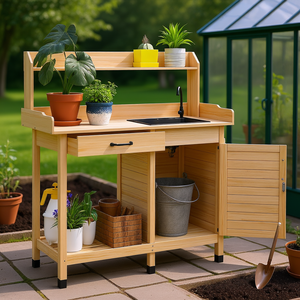 Banc de jardin en bois avec évier et armoire de rangement pour serre et patio, avec crochets de rangement - Product Image 2