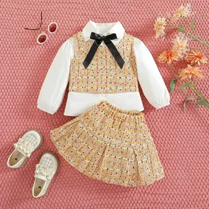 fashion kid girls white shirt+plaid vest+mini skirt three pieces for children autumn princess set