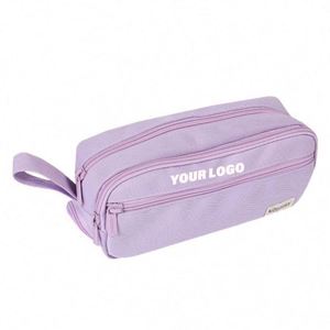 Large Capacity Tri-Section Three Compartment Canvas Pencil Case for Students Stationery Makeup <b>Brush</b> Organizer - Product Image 1