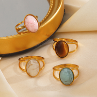 Bagues en acier inoxydable de taille réglable en gros avec pierres ovales en résine de quartz, jade et œil de tigre pour mariage et fiançailles