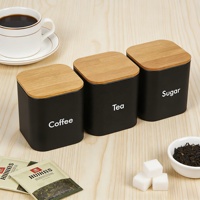 Set wadah penyimpanan logam hitam Logo kustom stoples penyimpanan kelas makanan dengan tutup bambu Pot segel aman untuk tempat penyimpanan dapur