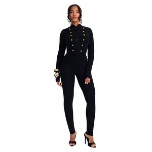 Women's <b>Black</b> Style Knitted <b>Jumpsuit</b> With <b>Gold</b> Buttons Long Sleeve High Waist Shapewear Full Length Clubwear - Product Image 1