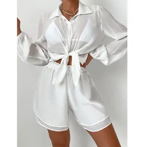 Оптовая продажа, женская летняя пляжная одежда из 3 предметов, пляжный купальный однотонный костюм для загара, блузка