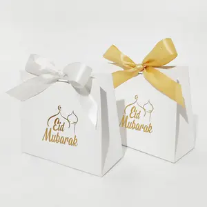 White Bronzing Cardboard Candy Box with Gold Ribbon Eid Mubarak Gift Box Paper Packaging Bags for Muslim Ramadan