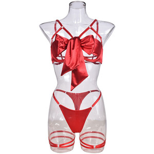 Valentinstag 3-teiliges Cut-Out-Bow-Lingerie-Set aus Satin, süßes erotisches Set, einfarbiges Slip-Unterwäsche-Set - Product Image 5