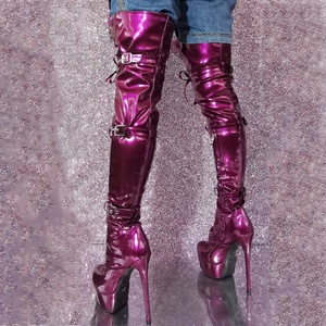 Wide Fit Size 47 Women Metallic Lace up Long <b>Boots</b> Extreme Slim Heels Platform Over the Knee Booties Buckles Dance Shoes - Product Image 4