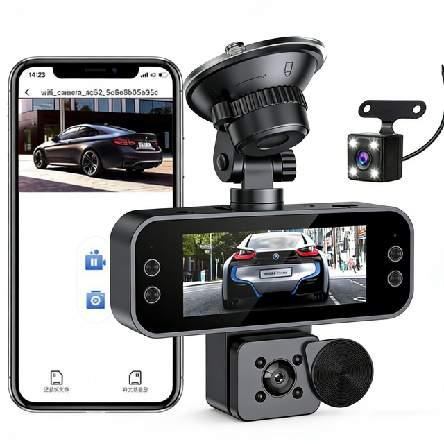 Dash Cam 3.16-inch IPS 3 Channel Night Vision 1080P Car Black Box WiFi Loop Recording Front Inner Rear View Recorder 1 Year