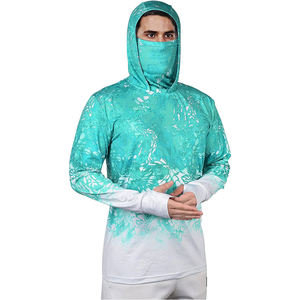 Sudadera de Pesca para Hombre con Logotipo Personalizado, Camuflaje Degradado Verde Azulado, Camisa de Alto Rendimiento con Máscara Facial Integrada y Orificios para Pulgares, UPF 50+ - Product Image 1