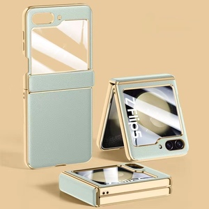 Para Samsung Z Flip5 funda de teléfono para Samsung <span class=keywords><strong>ZFlip4</strong></span> 3 funda protectora de cuero galvanizado funda de bisagra película cubierta de teléfono integrada - Product Image 1