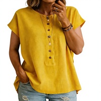 T-shirt à manches courtes pour femme, couleur unie, avec boutons décoratifs, style formel, logo personnalisé, printemps/été