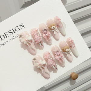 <span class=keywords><strong>Uñas</strong></span> Postizas Milk Bear - Arte de <span class=keywords><strong>Uñas</strong></span> Hecho a Mano con Ambiente Festivo para Estudiantes, 10 <span class=keywords><strong>Uñas</strong></span> Postizas Largas y Delgadas con Kit de Herramientas Gratis - Product Image 6