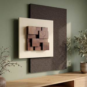 Arte Mural Abstracto Neutral Grande con Textura de Madera 3D, Arte Moderno con Base Metálica y Estampado Geométrico en Tonos Beige y Marrón - Product Image 3