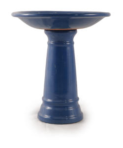 Bain d'oiseaux et mangeoire en céramique émaillée bleu cobalt brillant, design sur piédestal, pour extérieur, intérieur, maison, jardin, avec trou de drainage en terre cuite - Product Image 5
