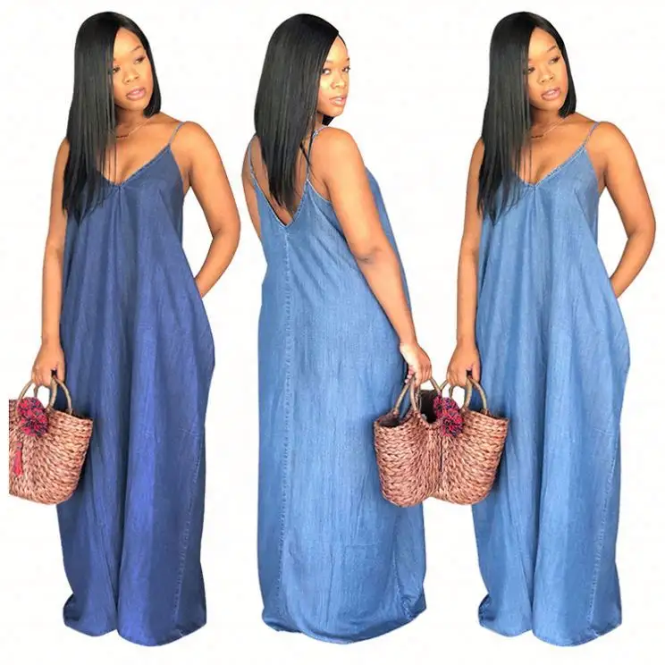 Hot Selling Spaghetti Strap Denim Loose Summer Women Girls' Lady Elegant Sexy Clothes Jean Floor Long Maxi Casual Dress