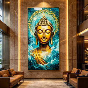 Wholesale <b>Framed</b> Glitter Wall Art Golden Buddha Head Teal Cloud Zen Religious HD Print Crystal Porcelain Painting for Home Decor - Product Image 5