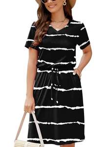 Femmes <span class=keywords><strong>grande</strong></span> <span class=keywords><strong>taille</strong></span> rayé imprimé été robes décontractées col en V à manches courtes sangle <span class=keywords><strong>taille</strong></span> doux Style usine en gros - Product Image 3