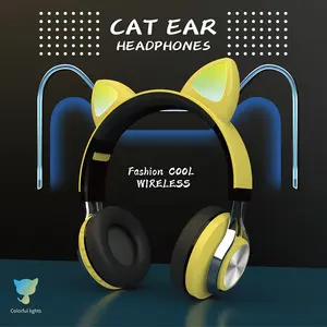 Auriculares con micrófono para niños y niñas, audífonos con diseño de gato de dibujos animados con LED parpadeante cuadrático
