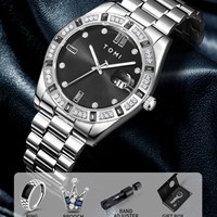 Montre-bracelet classique à quartz pour homme TOMI 305, cadran à aiguilles diamantées, bracelet en acier, ensemble de bijoux avec bague et broche, cadeau pour homme